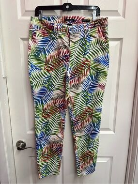 Printed Tropical Leaf Cropped Skinny Pants - Multicolor